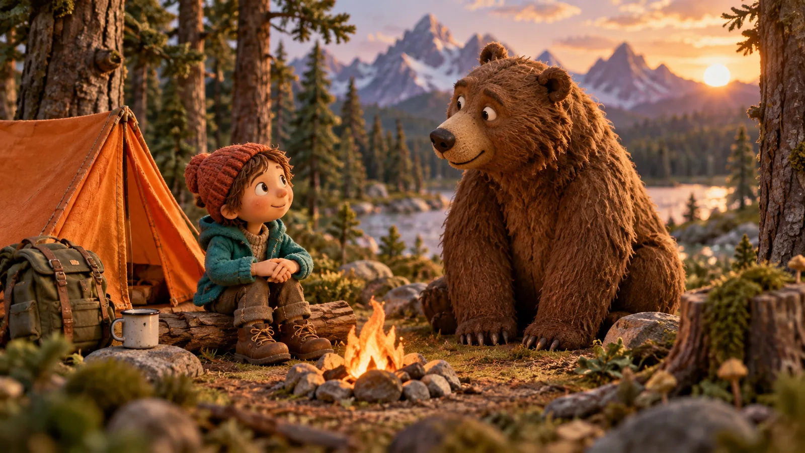 Illustration of a miniature camper beside a bear
