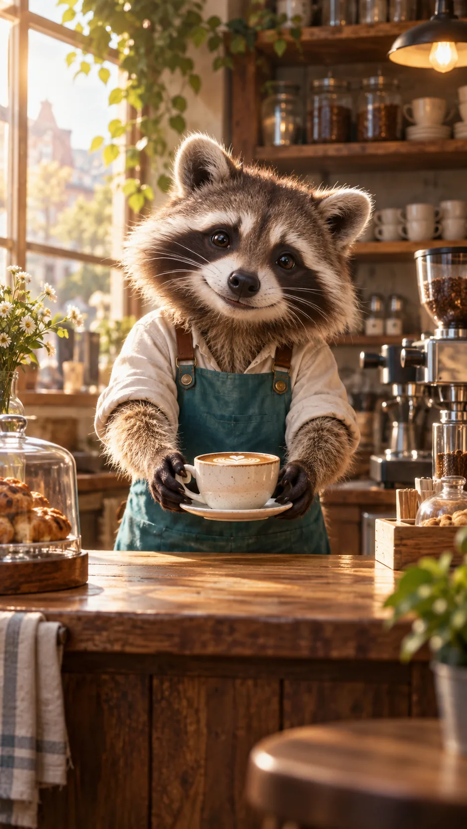 Illustration of a raccoon serving coffee