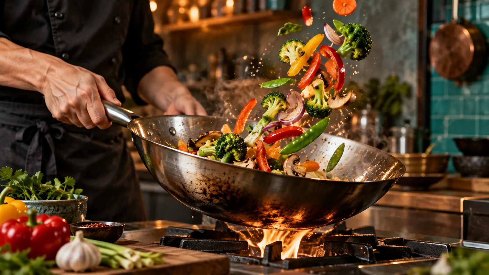 Illustration of vegetables lifting above a chef’s wok