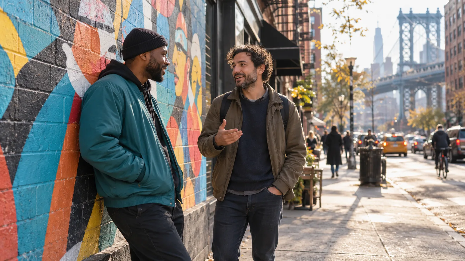 Illustration of two men talking beside a city mural