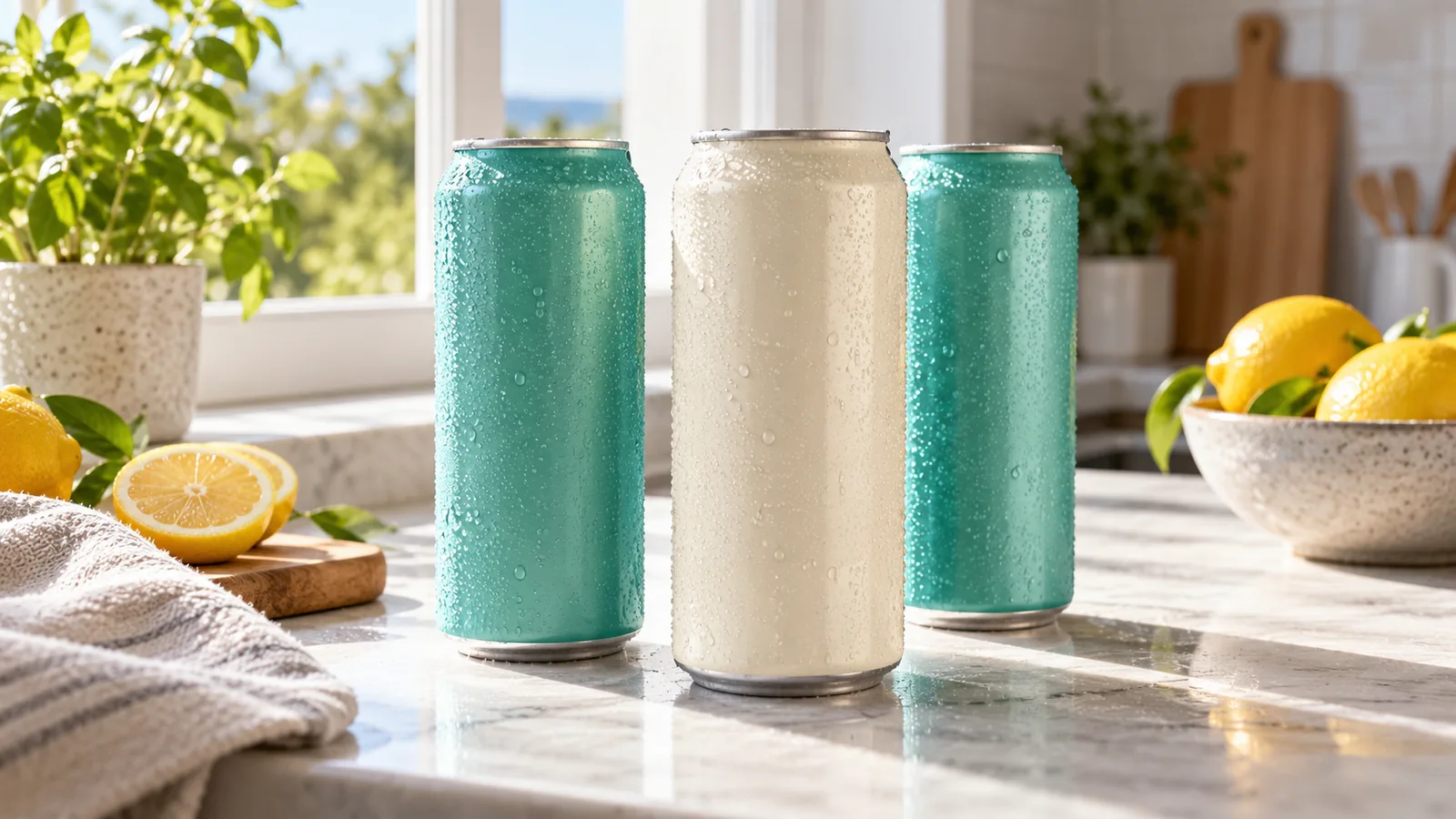Illustration of unbranded drink cans on a kitchen counter