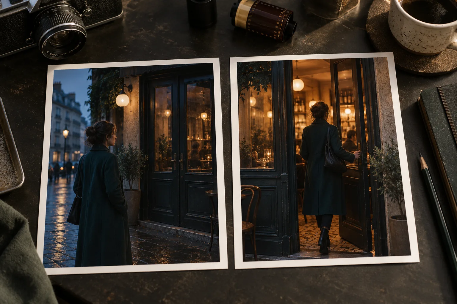 Two storyboard photographs showing a woman before and after entering a cafe