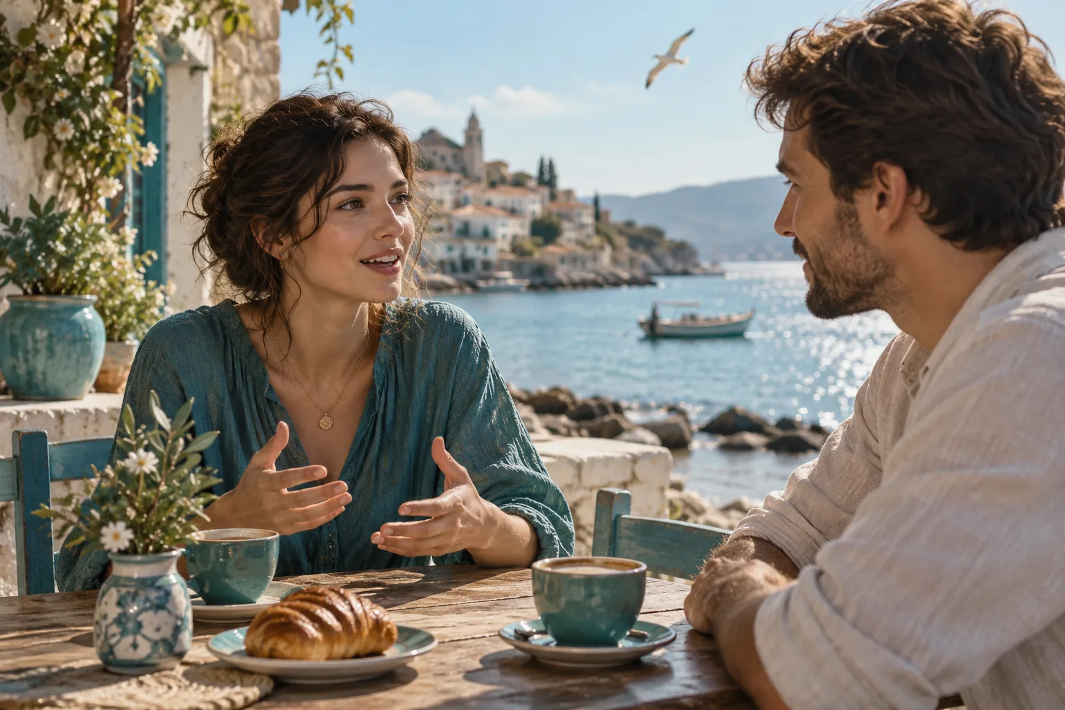 Two people talking at a sunlit seaside cafe
