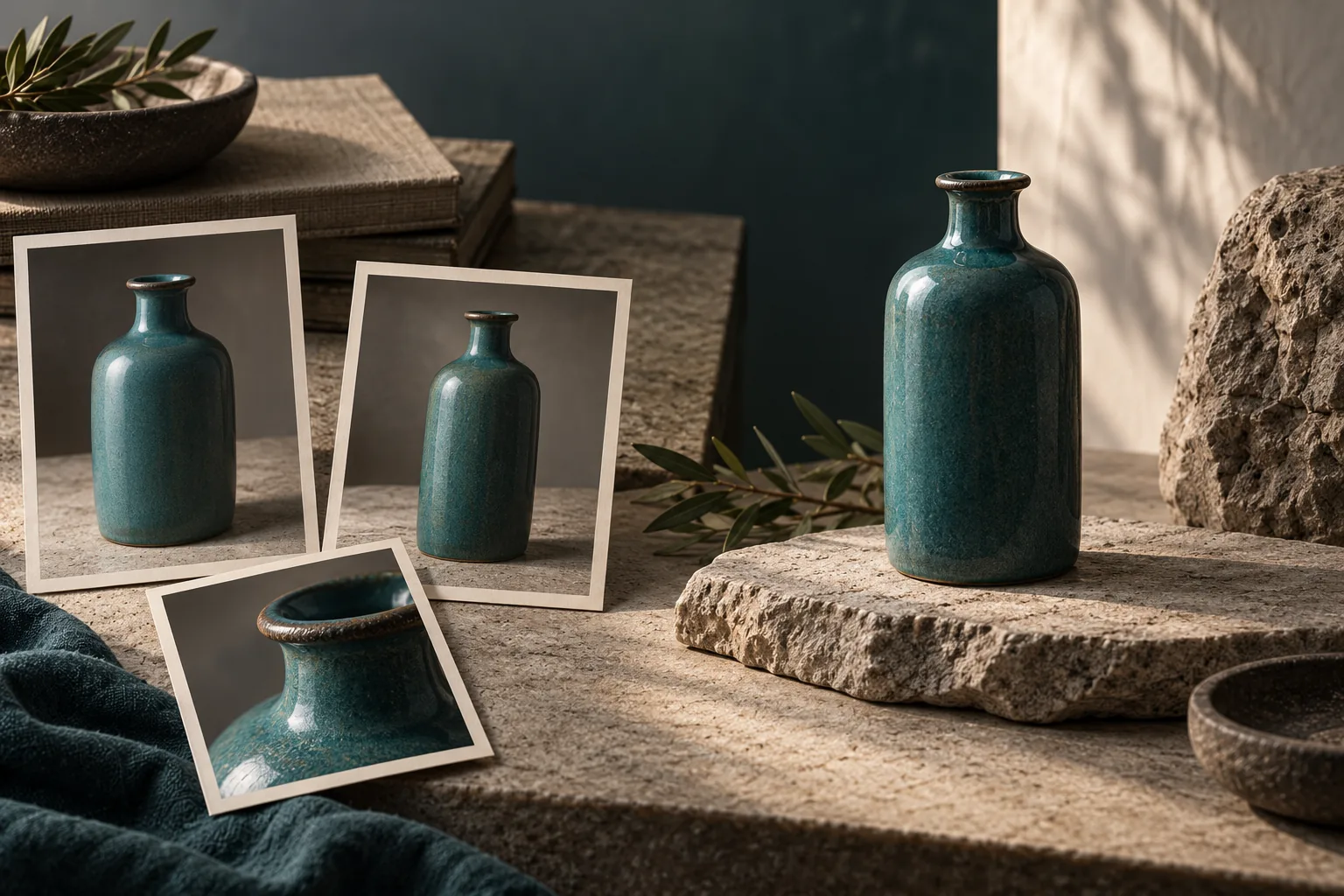 Three physical reference photos beside an unbranded teal bottle